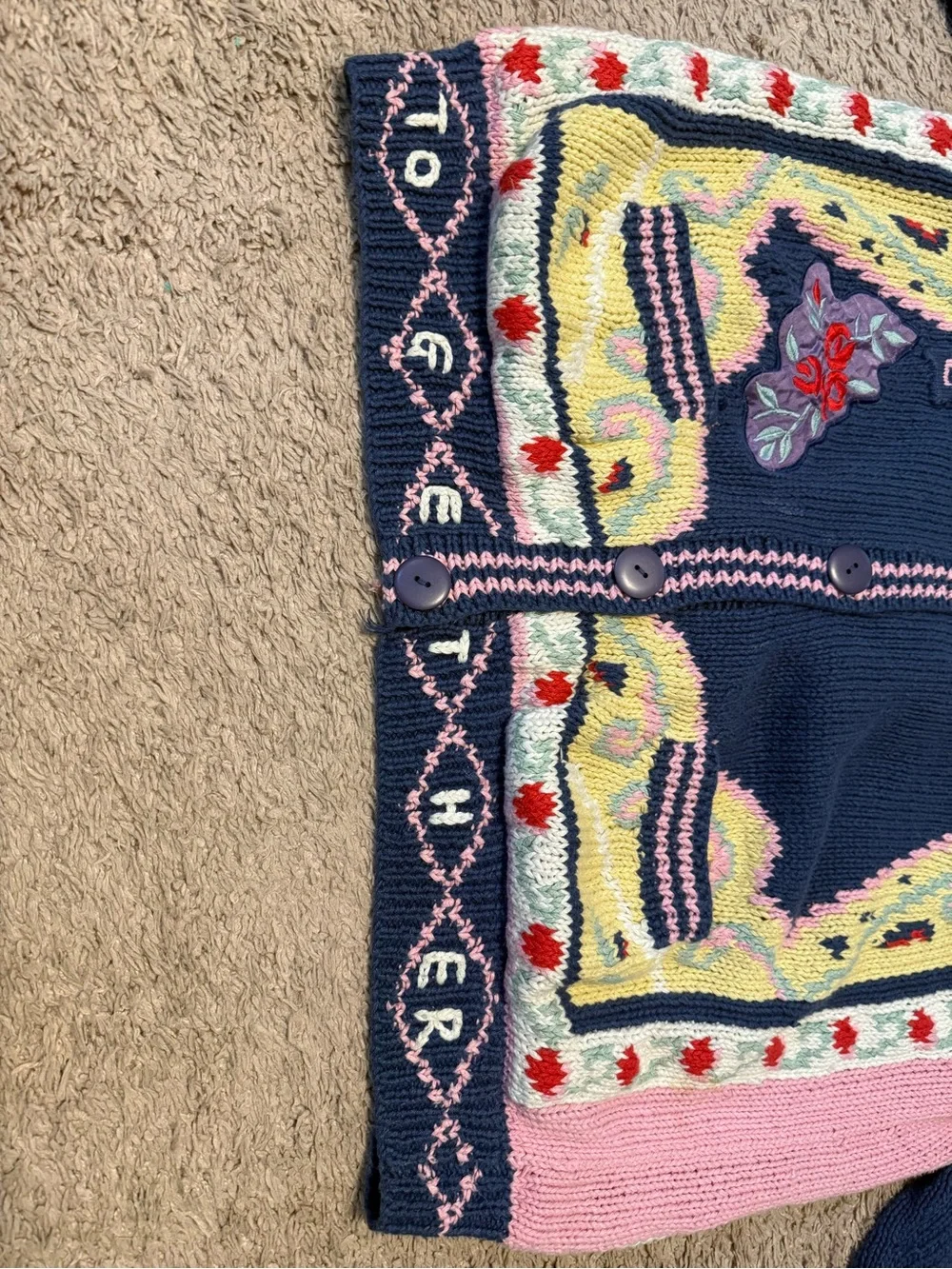 Together Navy button Knit Cardigan with Pink and Yellow Accents
